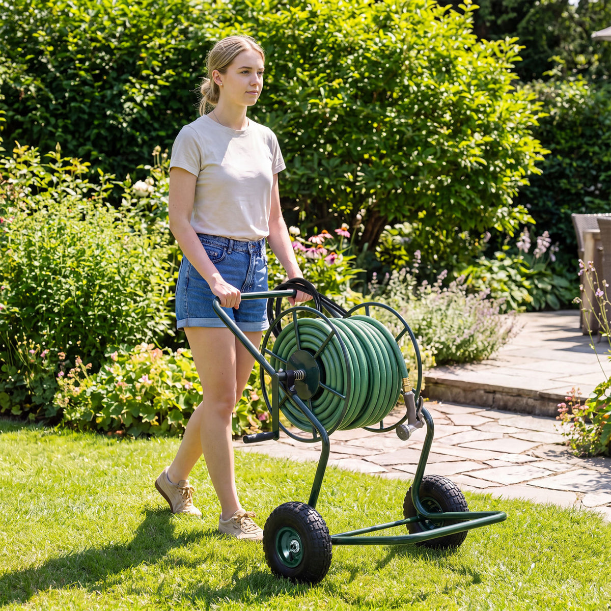 Heavy Duty Garden Hose Reel Cart Holds up to 300 FT of 5/8" Hose-Green