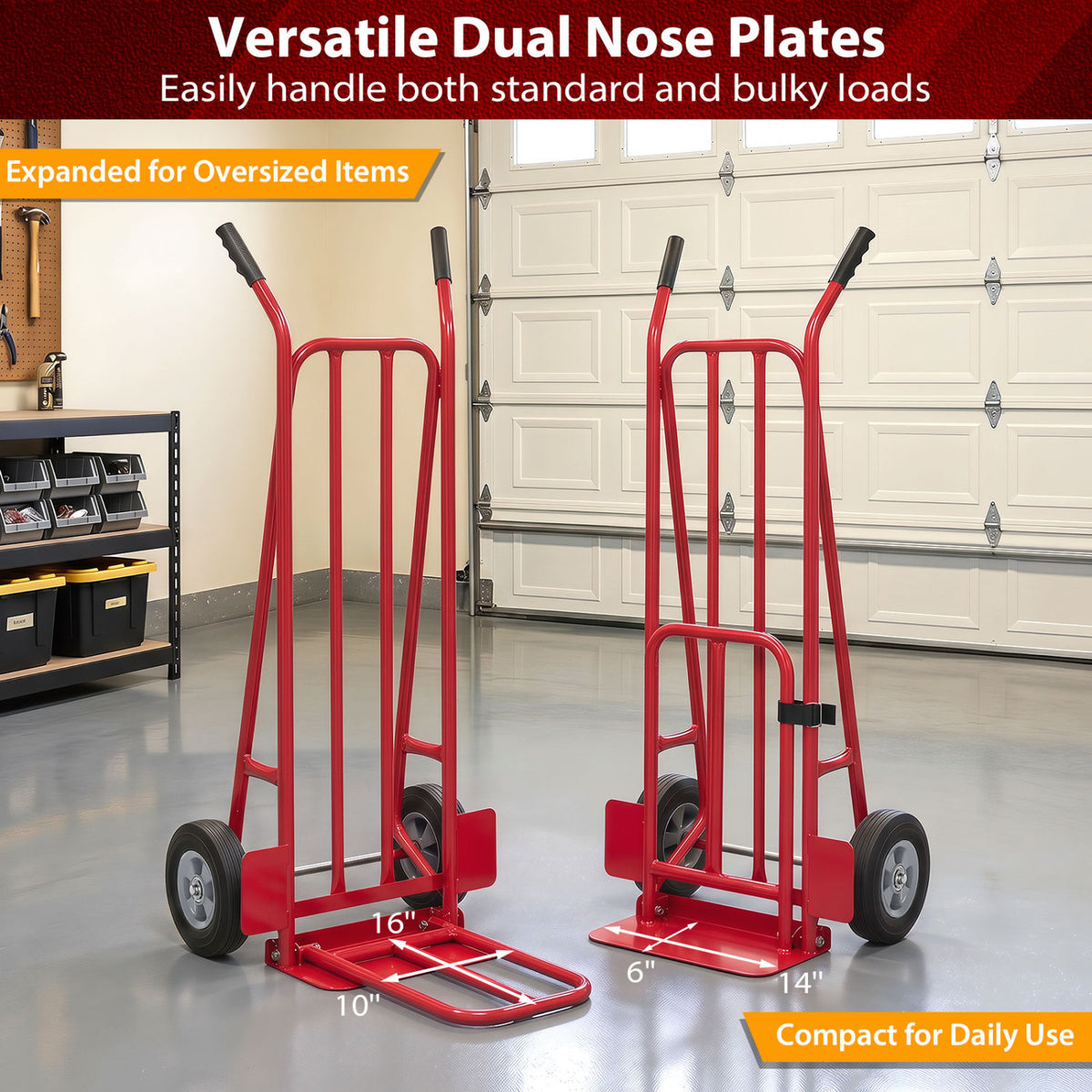 Heavy Duty Hand Truck Dolly with Dual Foldable Nose Plates-Red