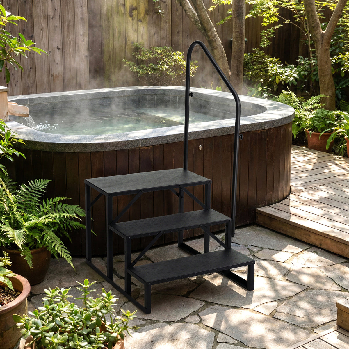 Heavy Duty Hot Tub Stair with Wide Anti-Slip Platforms for Porch and Mobile Home-Black