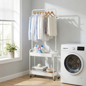 Heavy-Duty Laundry Cart with Hanging Rod and 2 Storage Baskets for Bedroom-White