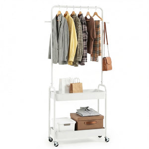 Heavy-Duty Laundry Cart with Hanging Rod and 2 Storage Baskets for Bedroom-White