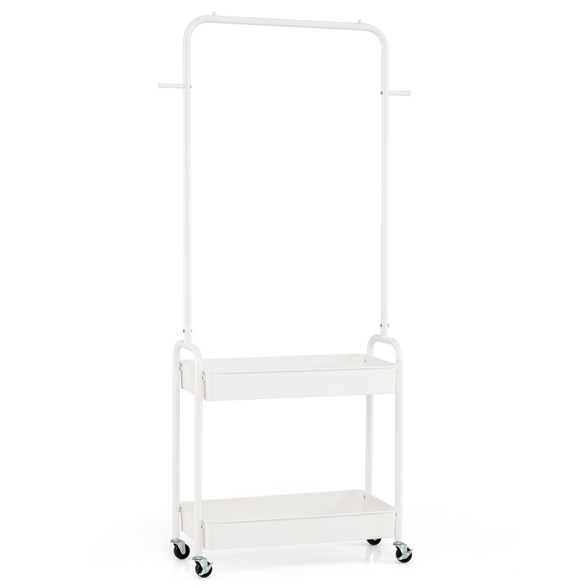 Heavy-Duty Laundry Cart with Hanging Rod and 2 Storage Baskets for Bedroom-White