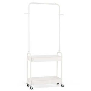 Heavy-Duty Laundry Cart with Hanging Rod and 2 Storage Baskets for Bedroom-White