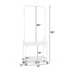 Heavy-Duty Laundry Cart with Hanging Rod and 2 Storage Baskets for Bedroom-White