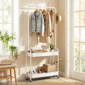 Heavy-Duty Laundry Cart with Hanging Rod and 2 Storage Baskets for Bedroom-White