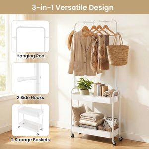 Heavy-Duty Laundry Cart with Hanging Rod and 2 Storage Baskets for Bedroom-White