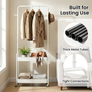 Heavy-Duty Laundry Cart with Hanging Rod and 2 Storage Baskets for Bedroom-White
