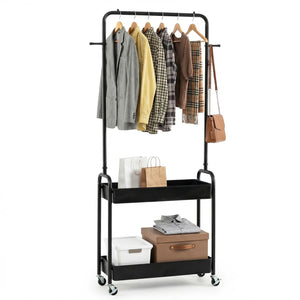 Heavy-Duty Laundry Cart with Hanging Rod and 2 Storage Baskets for Bedroom-Black