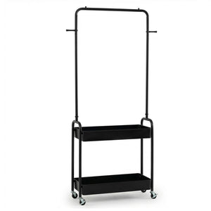 Heavy-Duty Laundry Cart with Hanging Rod and 2 Storage Baskets for Bedroom-Black