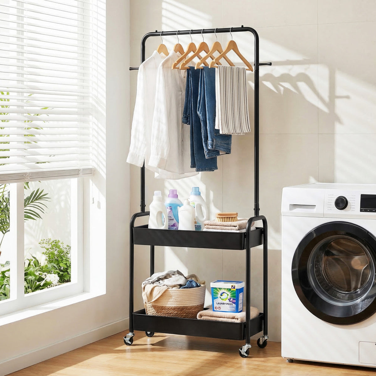 Heavy-Duty Laundry Cart with Hanging Rod and 2 Storage Baskets for Bedroom-Black