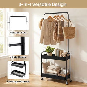 Heavy-Duty Laundry Cart with Hanging Rod and 2 Storage Baskets for Bedroom-Black