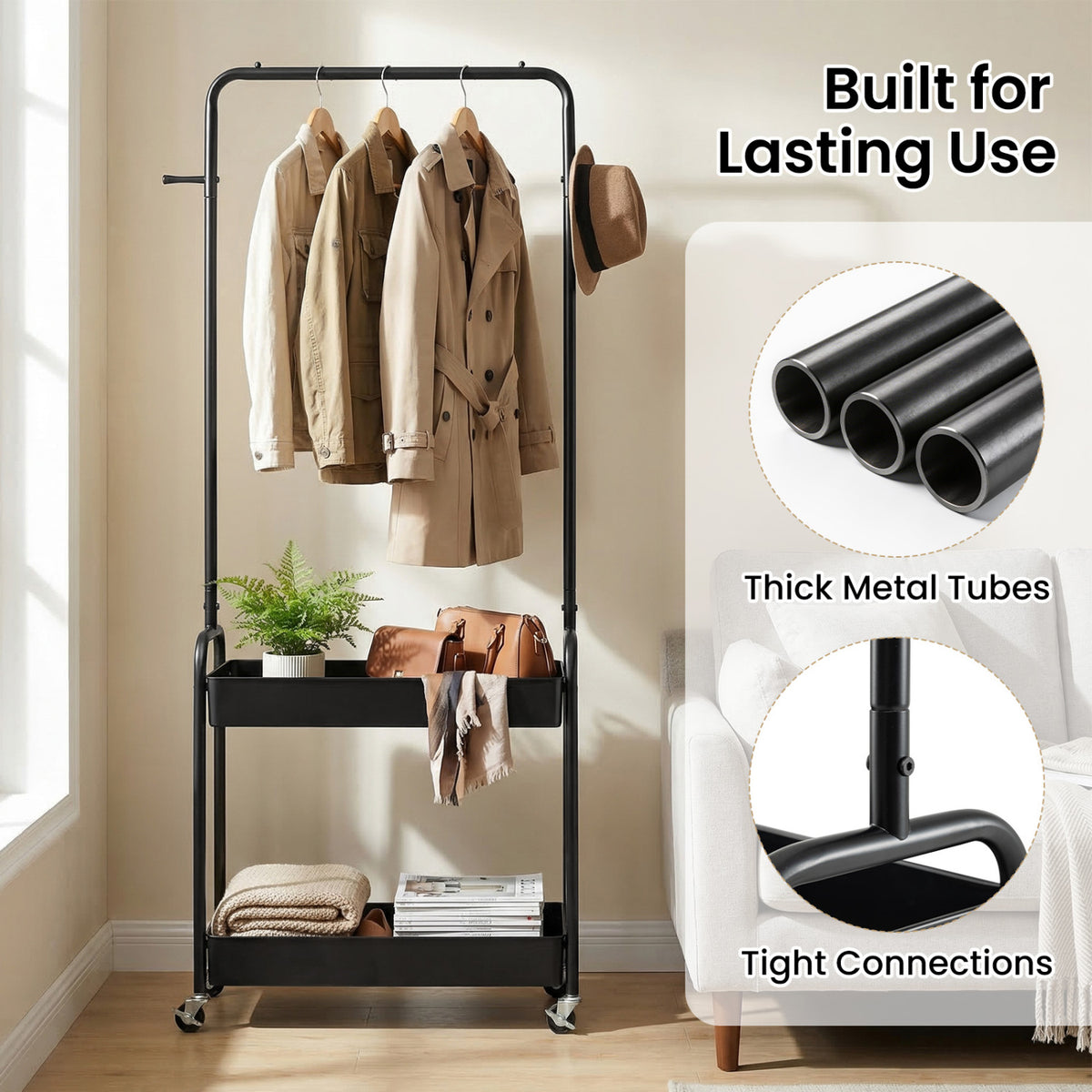 Heavy-Duty Laundry Cart with Hanging Rod and 2 Storage Baskets for Bedroom-Black