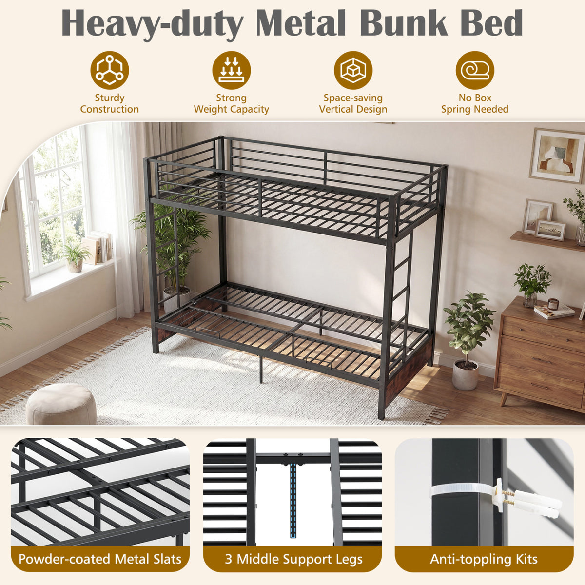 Heavy Duty Metal Bunk Bed Frame with Headboard and Footboard-Rustic Brown