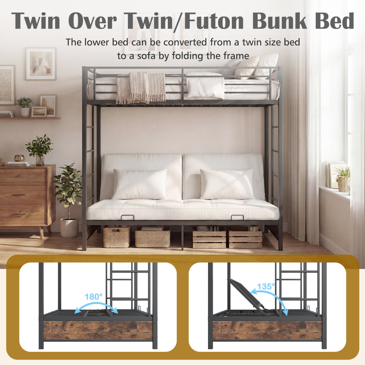Heavy Duty Metal Bunk Bed Frame with Headboard and Footboard-Rustic Brown