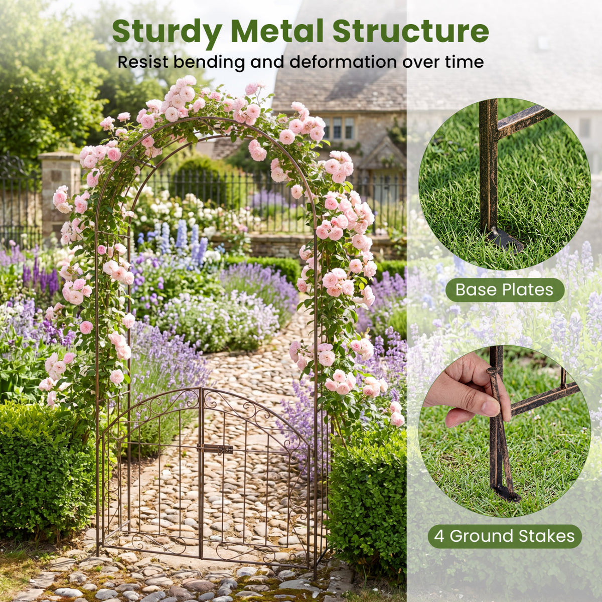 Heavy-Duty Metal Garden Arch with Gate and Safety Latch-Bronze