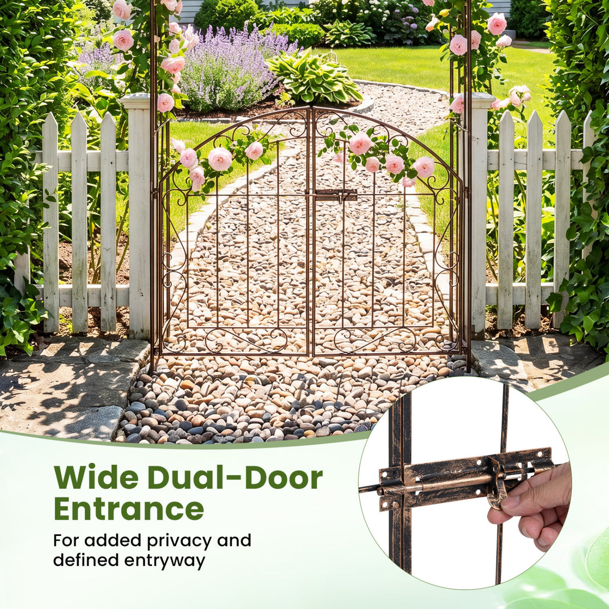 Heavy-Duty Metal Garden Arch with Gate and Safety Latch-Bronze