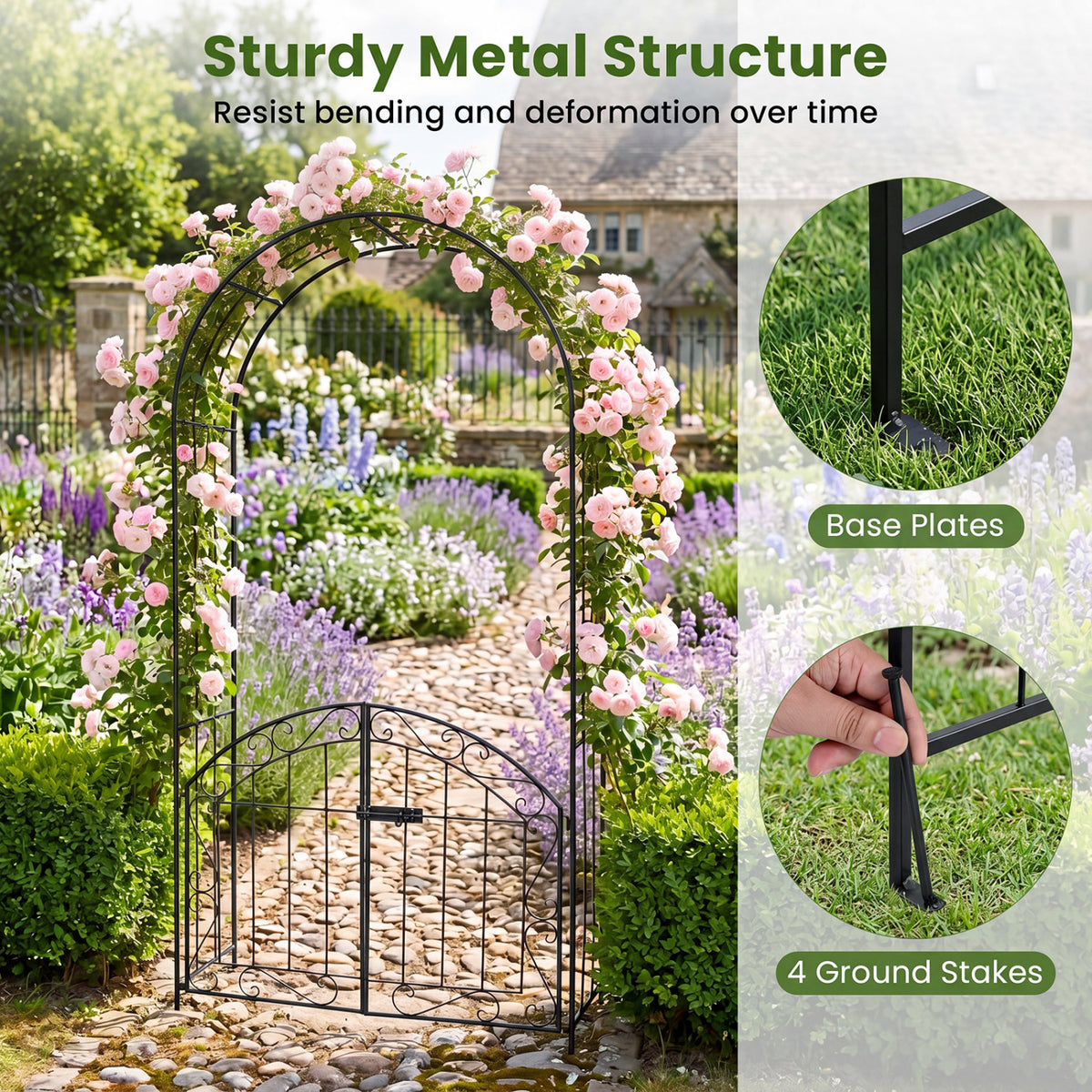 Heavy-Duty Metal Garden Arch with Gate and Safety Latch-Black