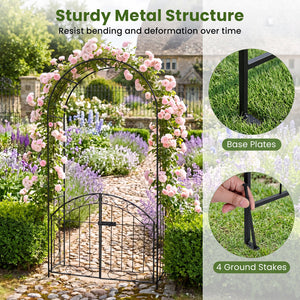 Heavy-Duty Metal Garden Arch with Gate and Safety Latch-Black