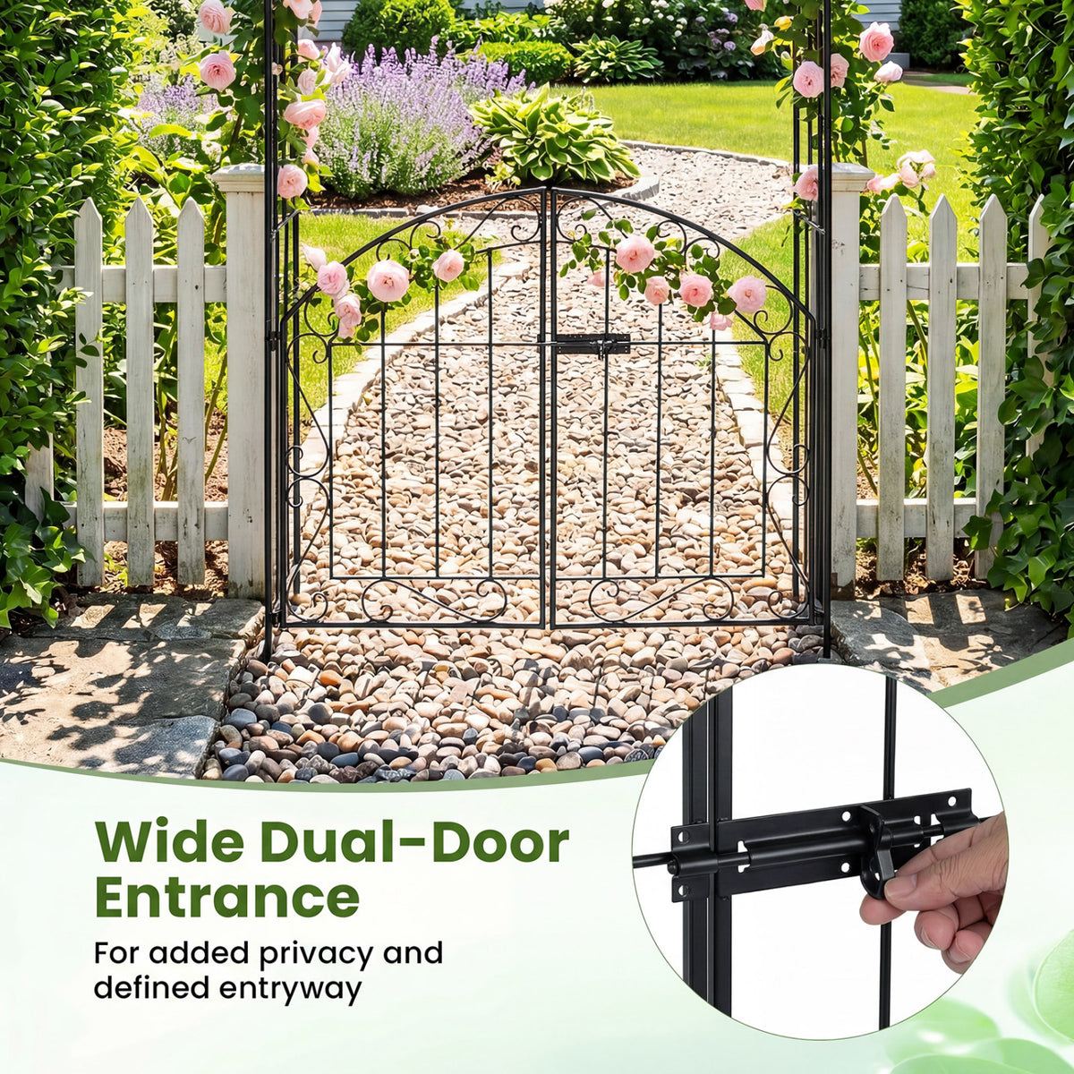 Heavy-Duty Metal Garden Arch with Gate and Safety Latch-Black