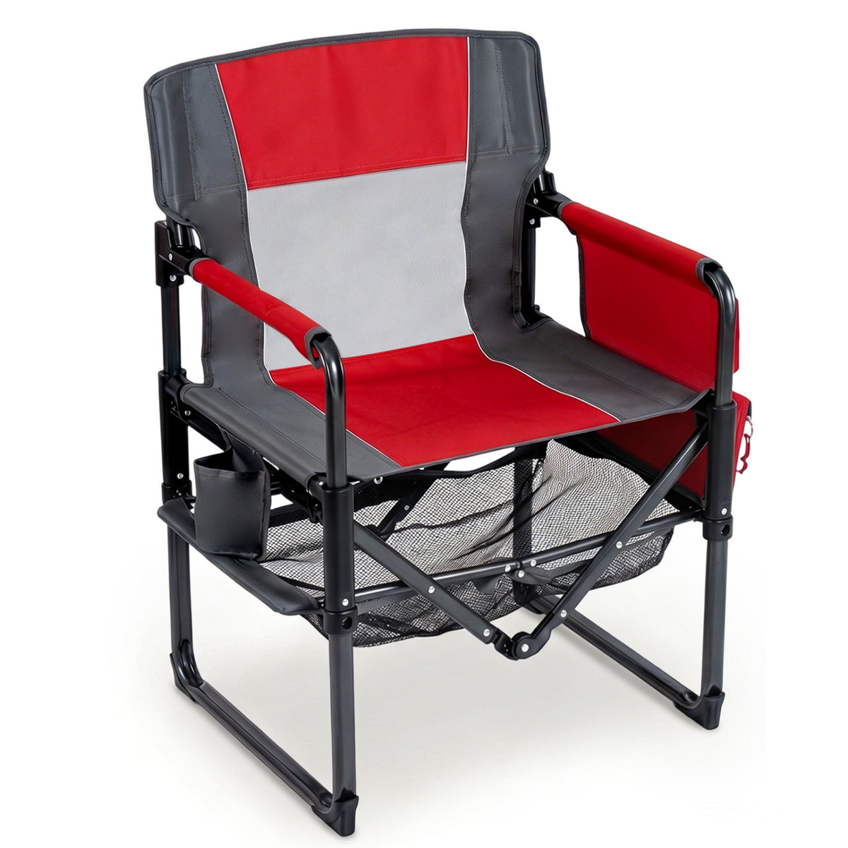 Heavy Duty Outdoor Camping Chair with Cup Holder and Side Pocket-Red