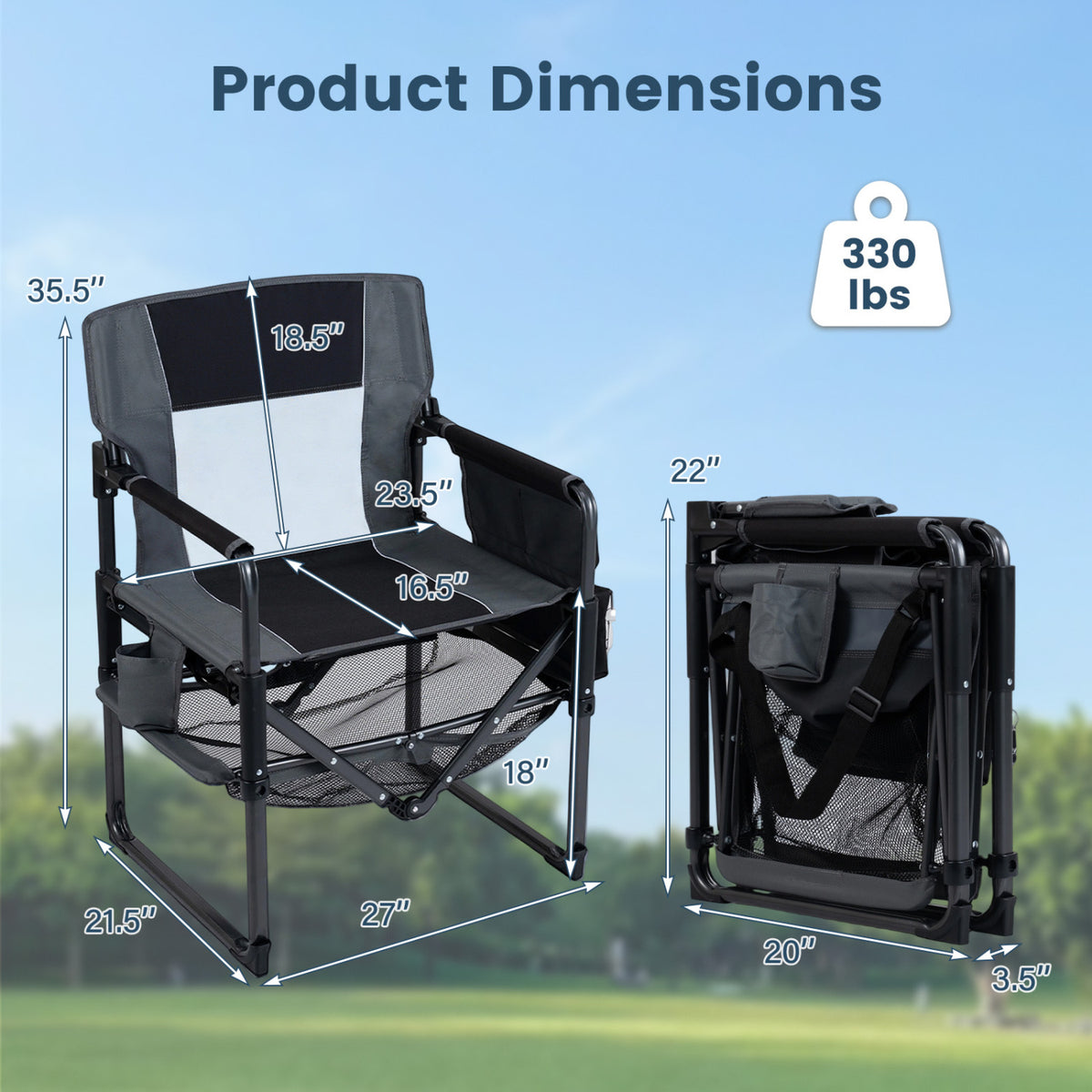 Heavy Duty Outdoor Camping Chair with Cup Holder and Side Pocket-Black