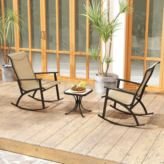 Heavy-Duty Rocking Bistro Chairs and Table Set with High Backrest and Wood-Plastic Tabletop-Brown