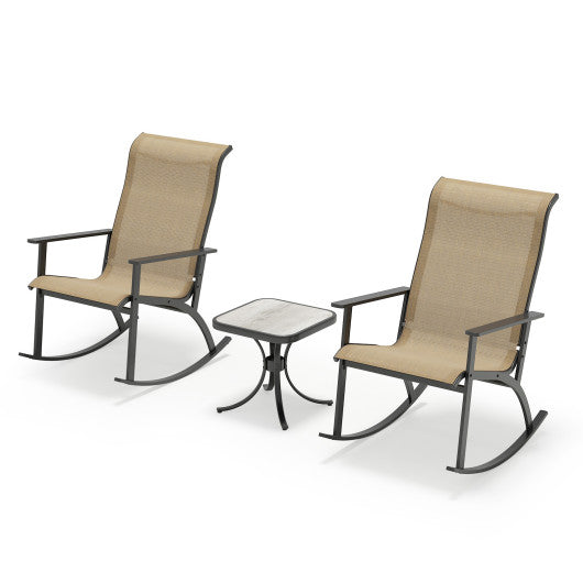 Heavy-Duty Rocking Bistro Chairs and Table Set with High Backrest and Wood-Plastic Tabletop-Brown