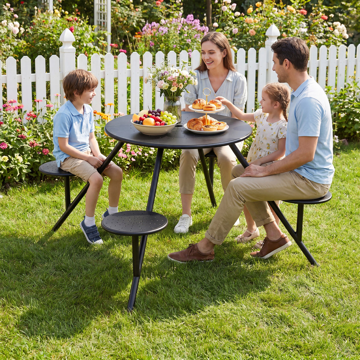 Heavy Duty Round Picnic Table for 4 with Iron Seats & Umbrella Hole-Black