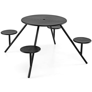 Heavy Duty Round Picnic Table for 4 with Iron Seats & Umbrella Hole-Black