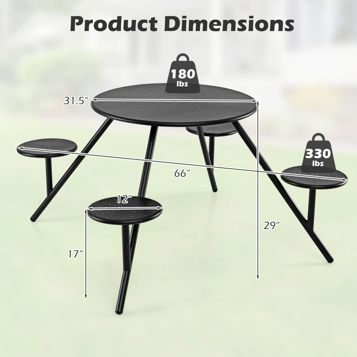 Heavy Duty Round Picnic Table for 4 with Iron Seats & Umbrella Hole-Black