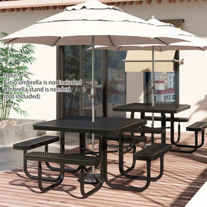 Square Picnic Table and Bench for 8 Person with Seats and Umbrella Hole-Black