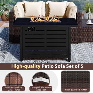 Heavy-duty Frame Rattan Sofa Set with 60000 BTU Firepit Table-Off White
