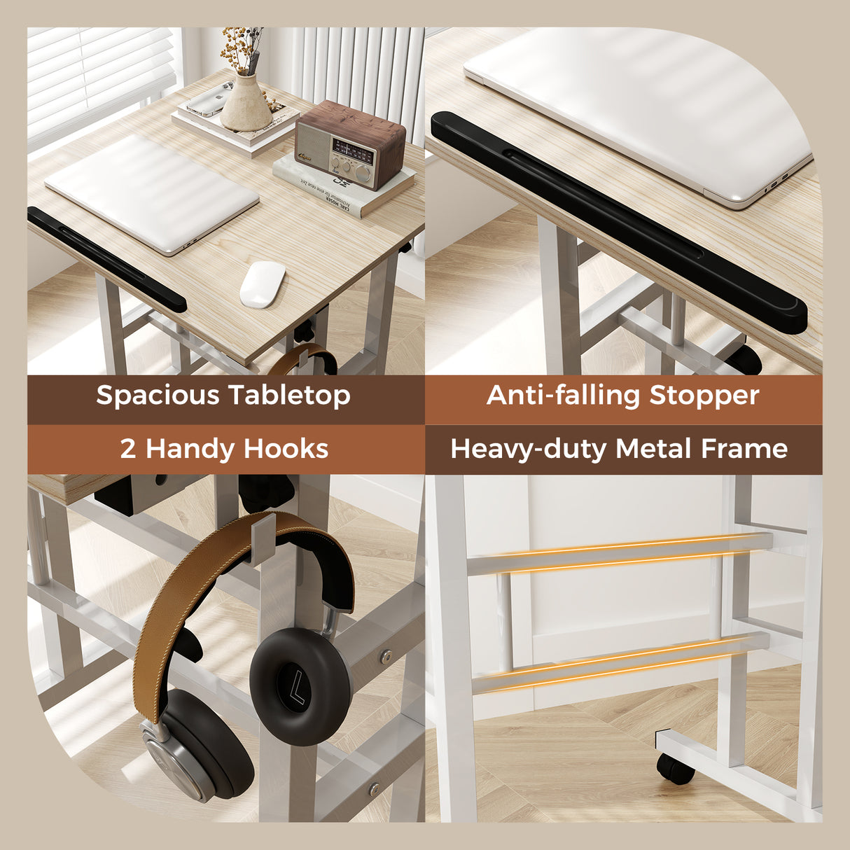 Height-adjustable Mobile Standing Desk with Split Top and Adjustable Angle-Natural