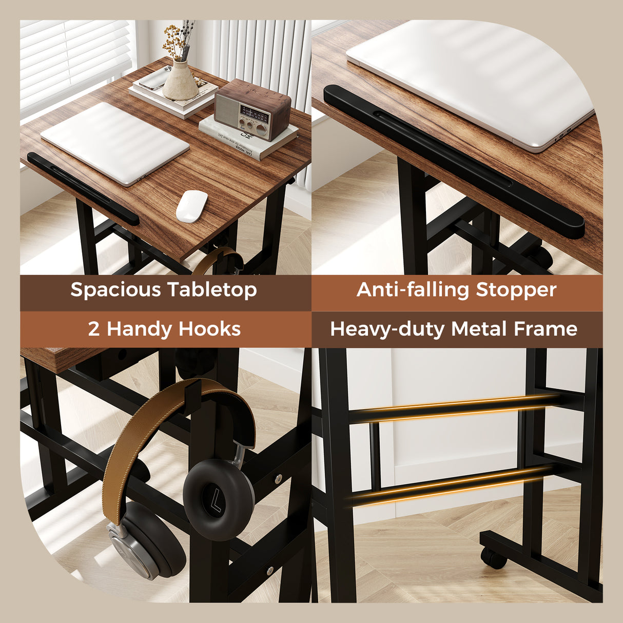 Height-adjustable Mobile Standing Desk with Split Top and Adjustable Angle-Natural