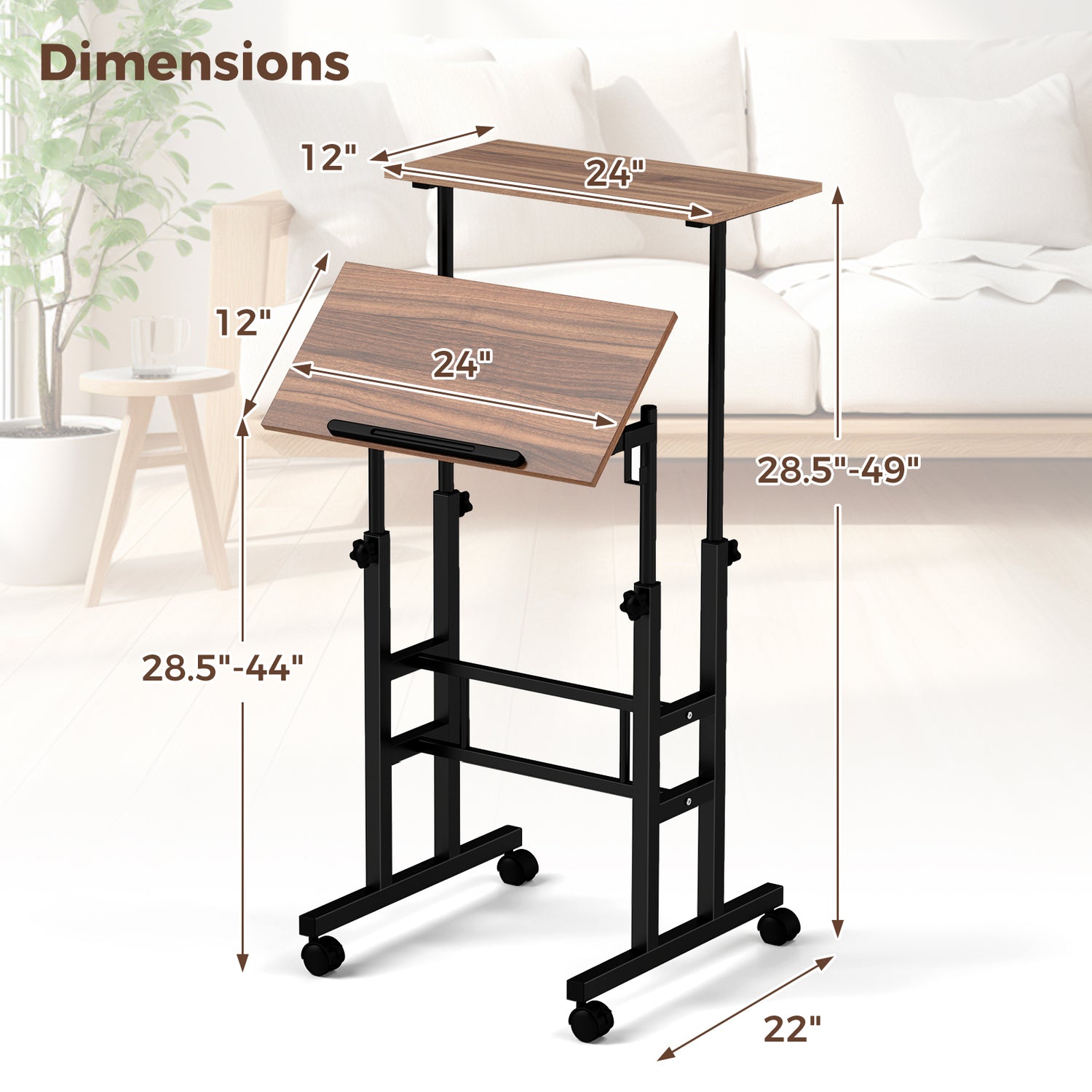 Height-adjustable Mobile Standing Desk with Split Top and Adjustable Angle-Natural