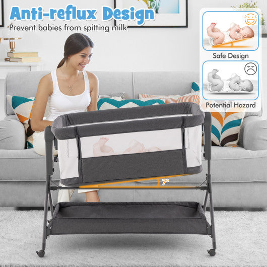 Height Adjustable Bedside Sleeper with Storage Bag and Soft Mattress for Baby-Gray