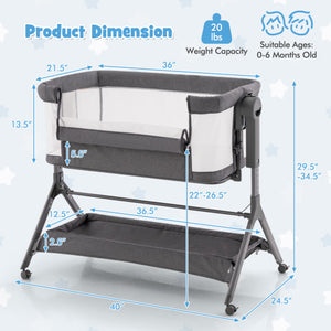 Height Adjustable Bedside Sleeper with Storage Bag and Soft Mattress for Baby-Gray