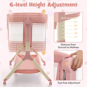 Height Adjustable Bedside Sleeper with Storage Bag and Soft Mattress for Baby-Pink