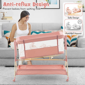 Height Adjustable Bedside Sleeper with Storage Bag and Soft Mattress for Baby-Pink