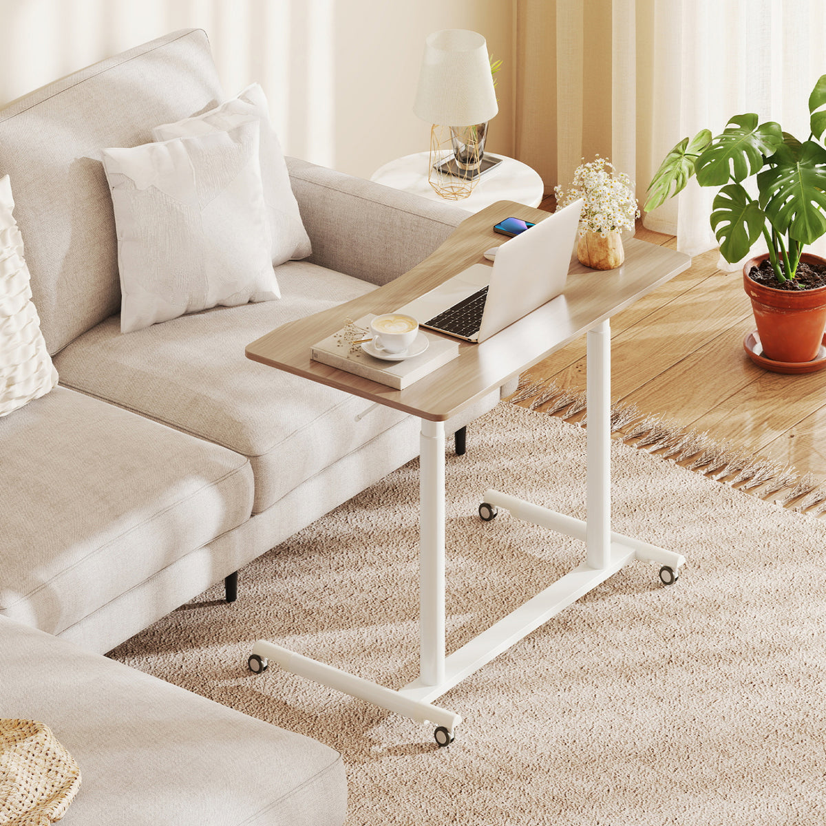 Height Adjustable Computer Desk Sit to Stand Rolling Notebook Table -Natural