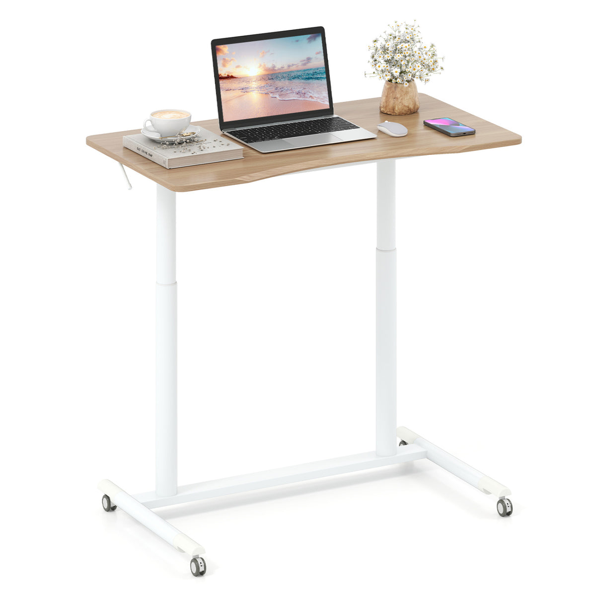 Height Adjustable Computer Desk Sit to Stand Rolling Notebook Table -Natural