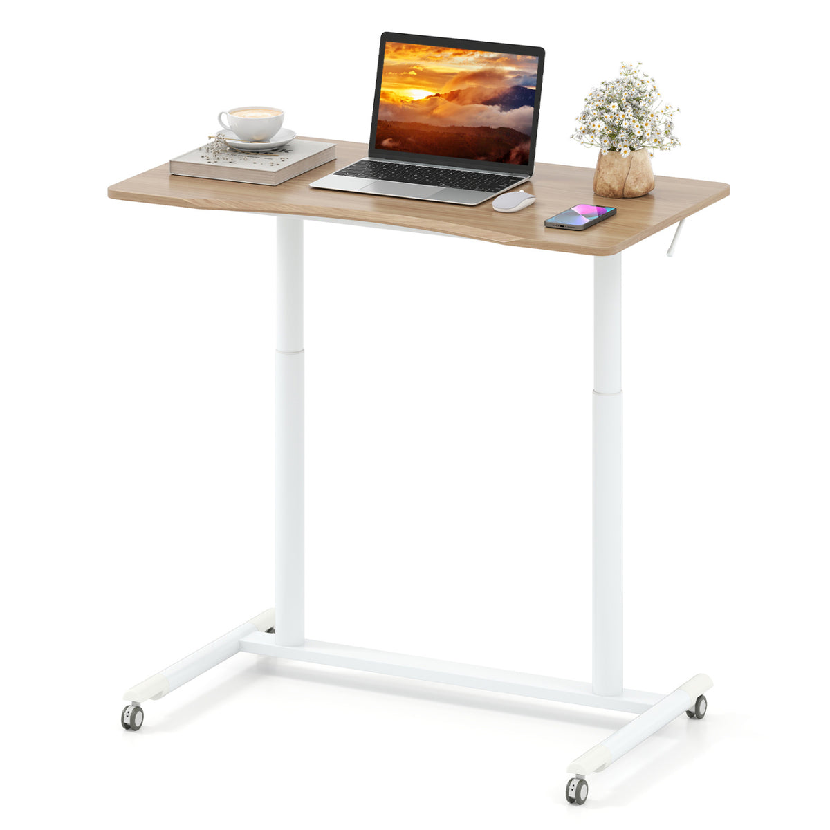 Height Adjustable Computer Desk Sit to Stand Rolling Notebook Table -Natural