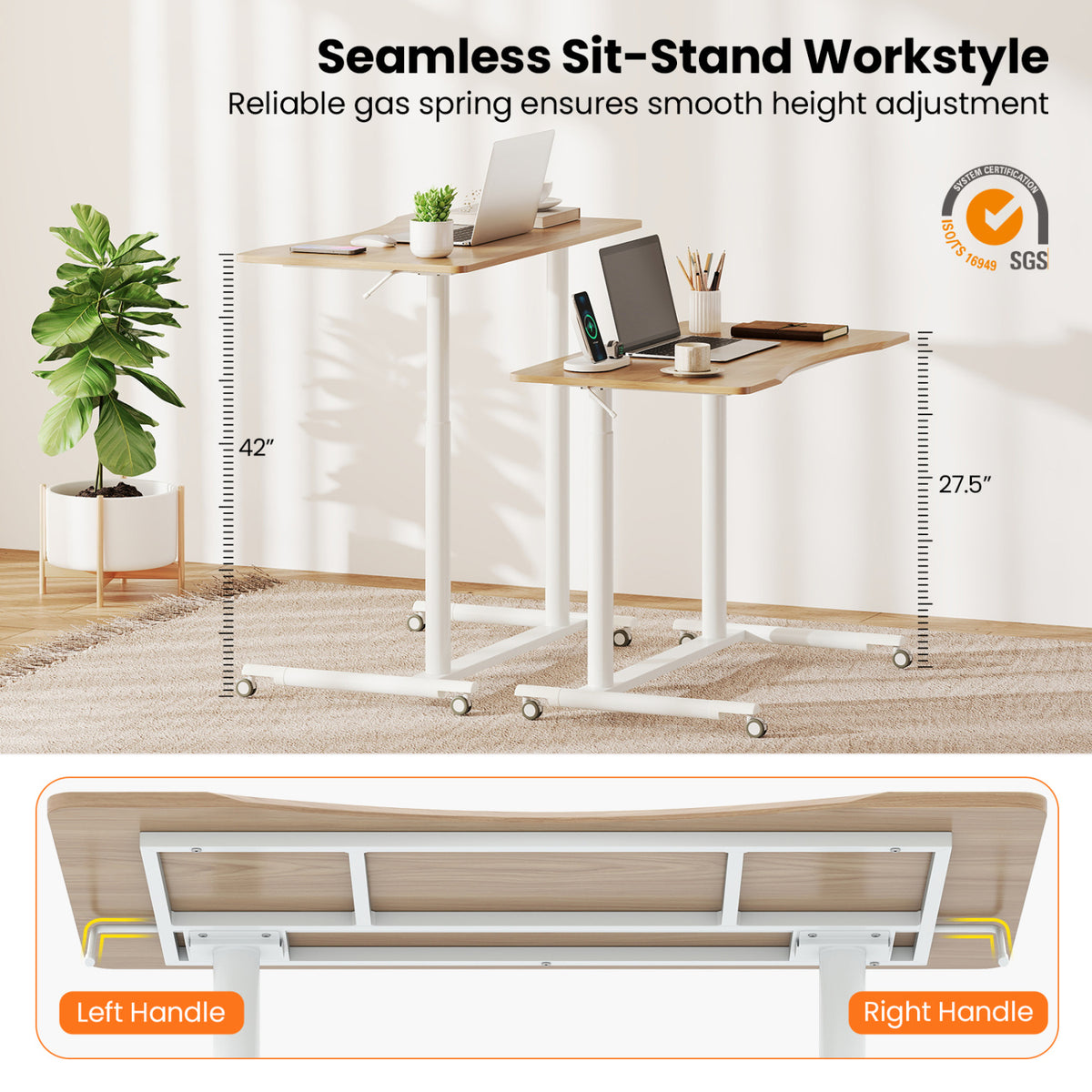 Height Adjustable Computer Desk Sit to Stand Rolling Notebook Table -Natural