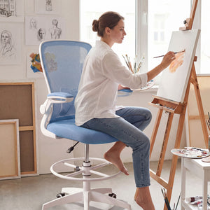 Height Adjustable Drafting Chair with Flip Up Arms for Home Office-Blue