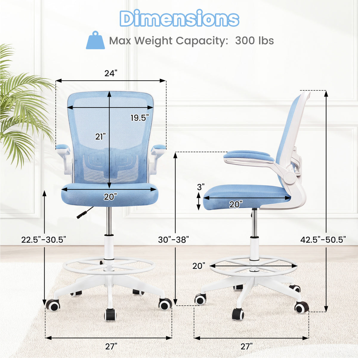 Height Adjustable Drafting Chair with Flip Up Arms for Home Office-Blue