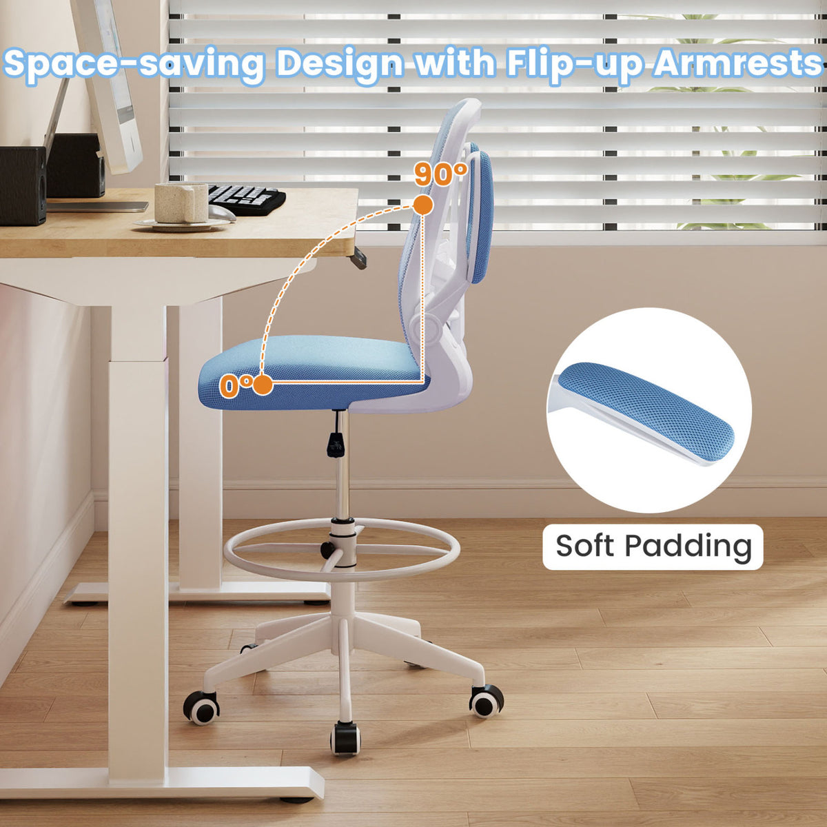 Height Adjustable Drafting Chair with Flip Up Arms for Home Office-Blue