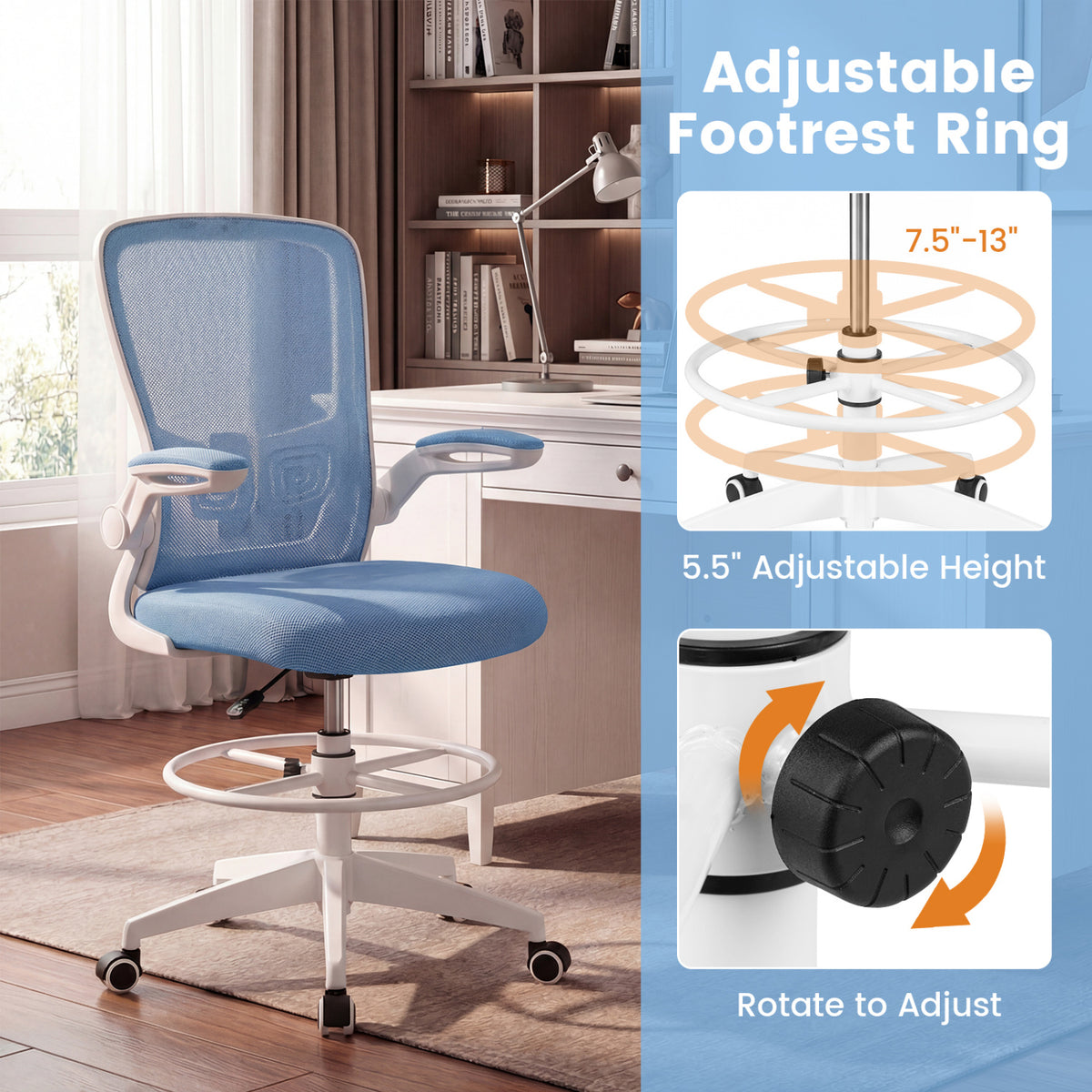 Height Adjustable Drafting Chair with Flip Up Arms for Home Office-Blue