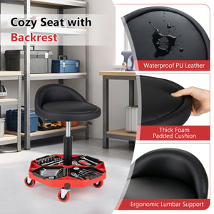 Height Adjustable Garage Seat with and PU Leather Seat Cushion-Blackred