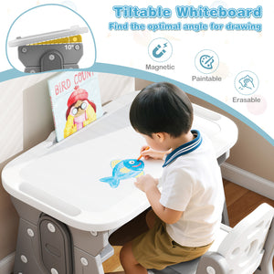 Height Adjustable Kids Table and Chair Set with Tiltable Whiteboard and Concave Shelf-Gray