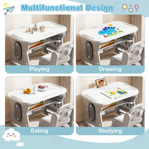 Height Adjustable Kids Table and Chair Set with Tiltable Whiteboard and Concave Shelf-Gray